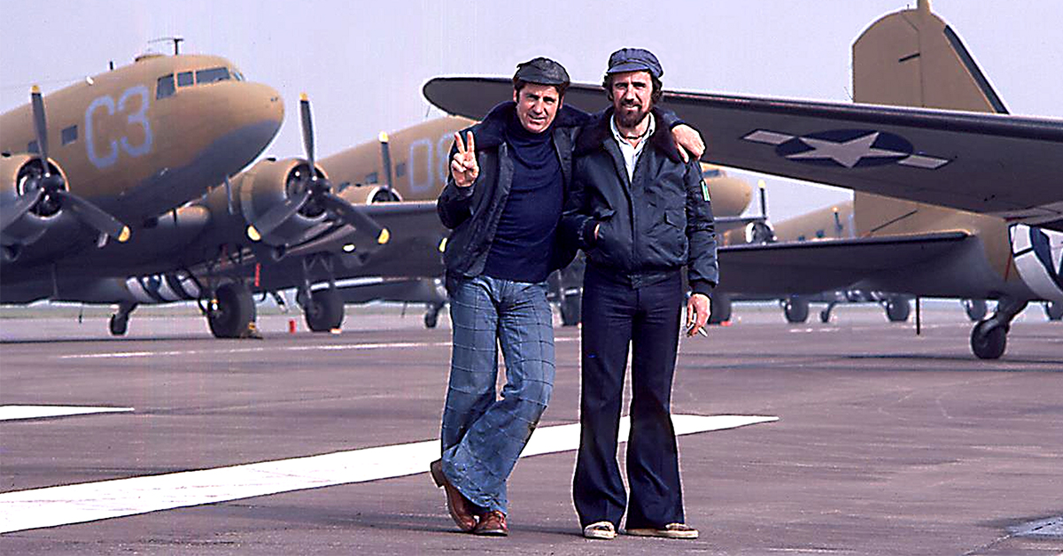 JPS (right) and Dave Waterman on the set of A Bridge Too Far with C-47 Dakotas in background