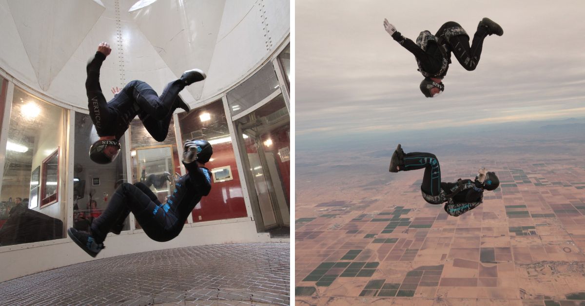 Nik Daniel and Brianne Thompson of AXIS Flight School show off skills built on the belly and raised to the top of the podium