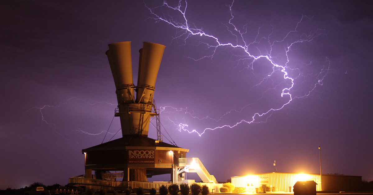 A storm brews over the dropzone, as lightning flashes through the air