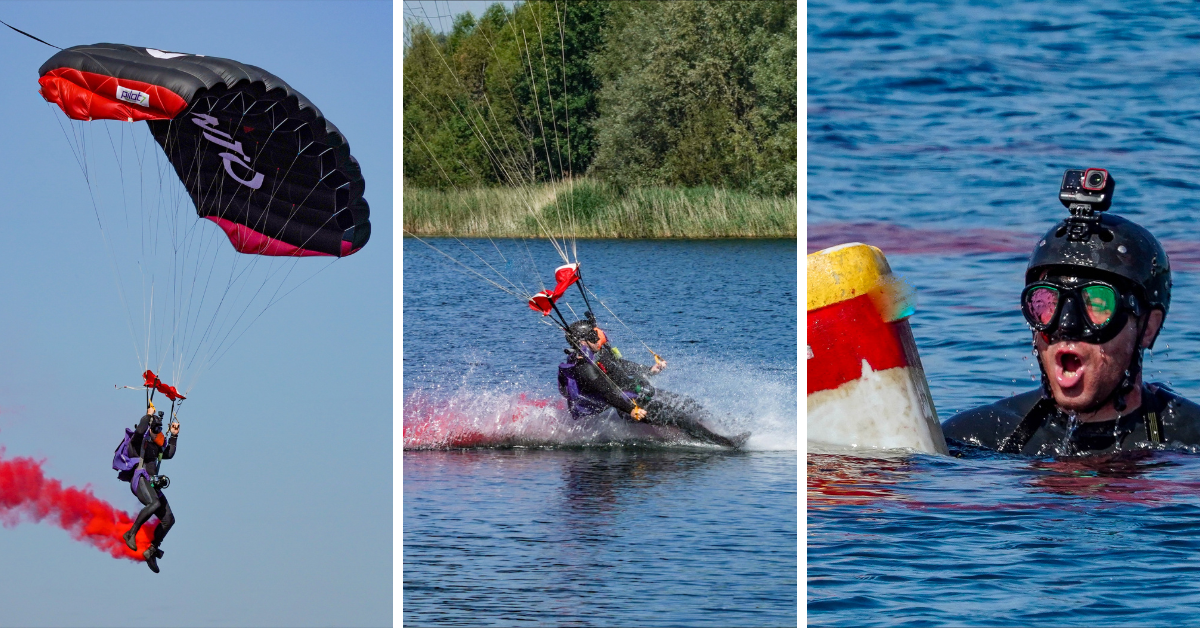 Three images show Andy in the aim, coming down into the water, then submerged in the water