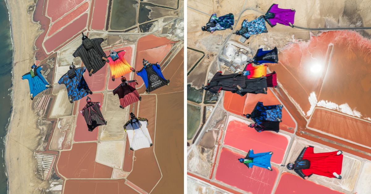 A group of wingsuiters over the distinctive landscape of Namibia.