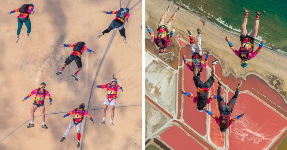 Skydivers in freefall over the Namibia desert.